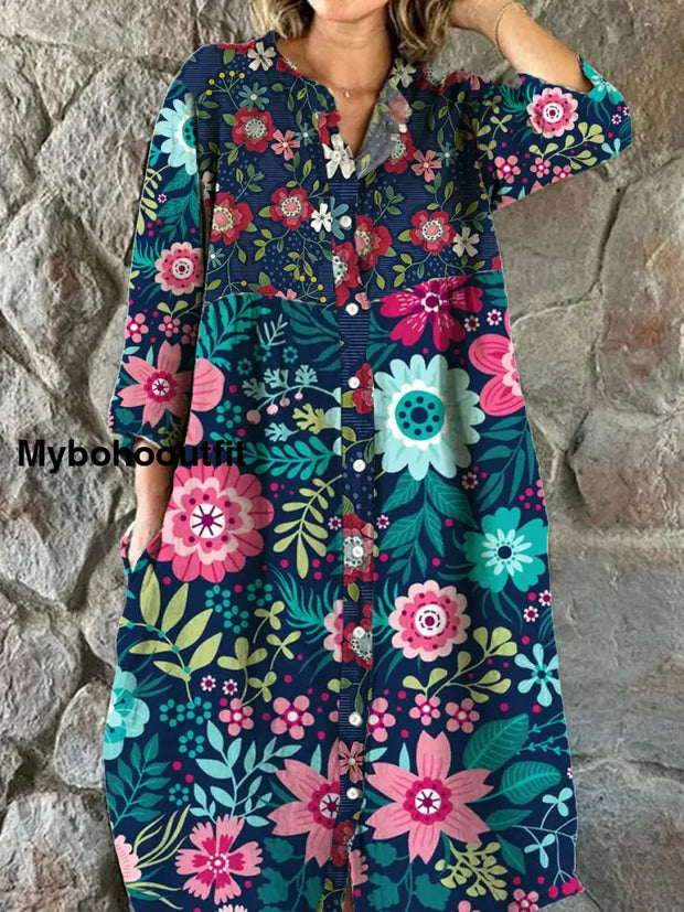 Women’s Fashion Elegant Artistic Floral Print Three Quarter Sleeves V Neck Button Midi Dress A / S