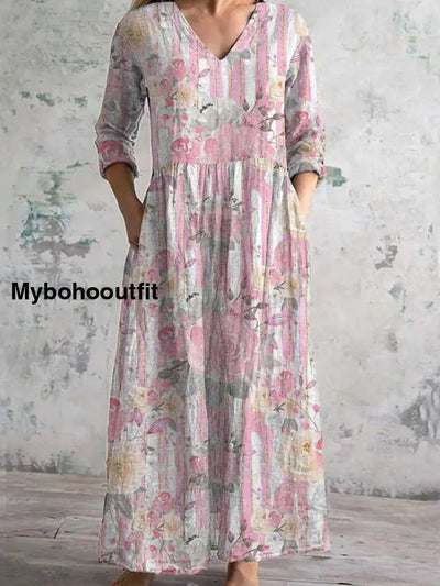 Women’s Fashion Elegant Artistic Floral Print Three Quarter Sleeves V Neck Maxi Dress A / S