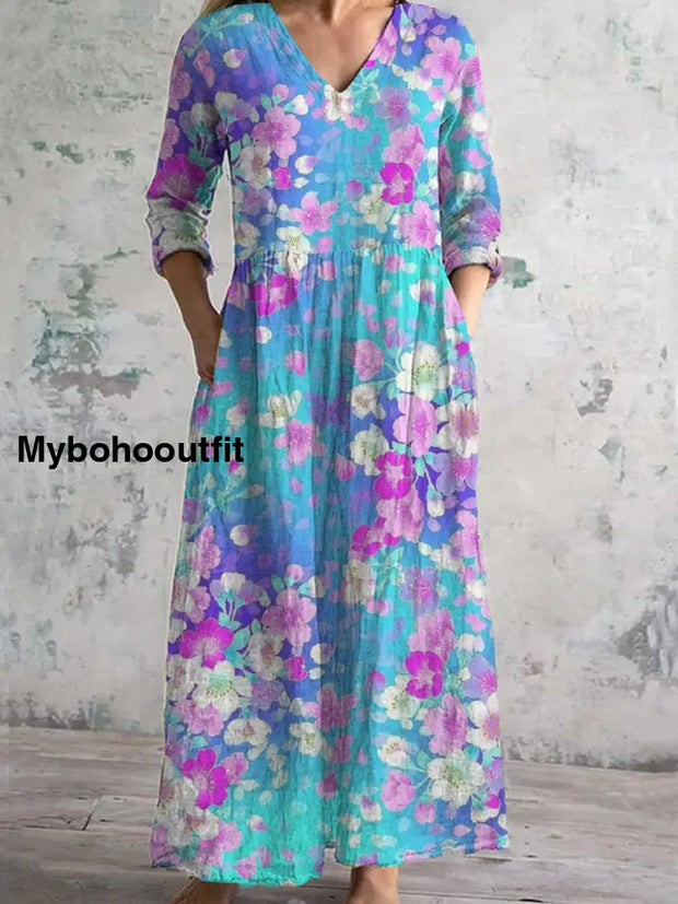 Women’s Fashion Elegant Artistic Floral Print Three Quarter Sleeves V Neck Maxi Dress A / S