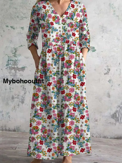 Women’s Fashion Elegant Artistic Floral Print Three Quarter Sleeves V Neck Maxi Dress A / S