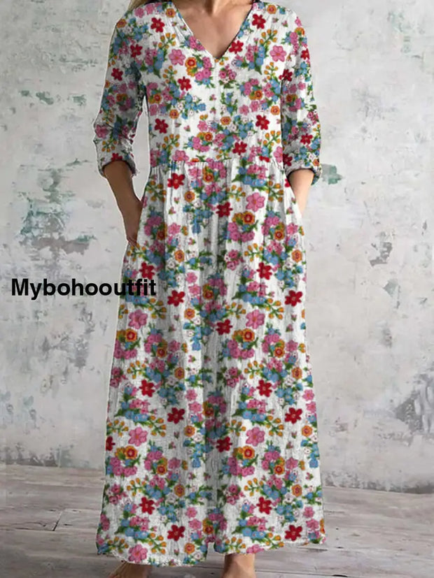 Women’s Fashion Elegant Artistic Floral Print Three Quarter Sleeves V Neck Maxi Dress A / S