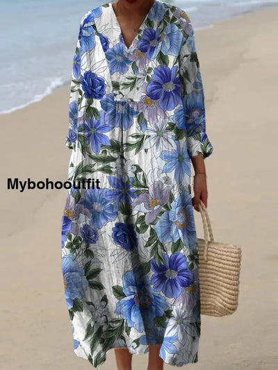 Women’s Fashion Elegant Artistic Floral Print Three Quarter Sleeves V Neck Maxi Dress A / S