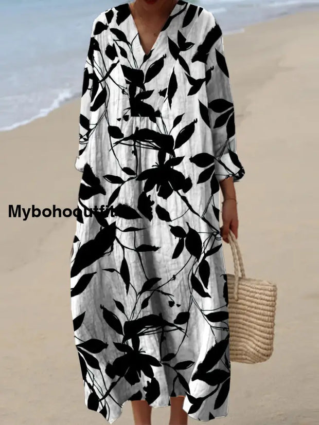 Women’s Fashion Elegant Artistic Floral Print Three Quarter Sleeves V Neck Maxi Dress A / S