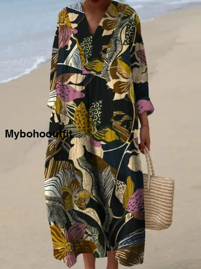 Women’s Fashion Elegant Artistic Floral Print Three Quarter Sleeves V Neck Maxi Dress A / S