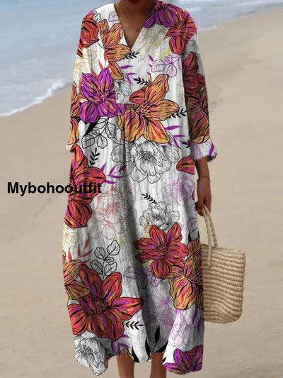 Women’s Fashion Elegant Artistic Floral Print Three Quarter Sleeves V Neck Maxi Dress A / S