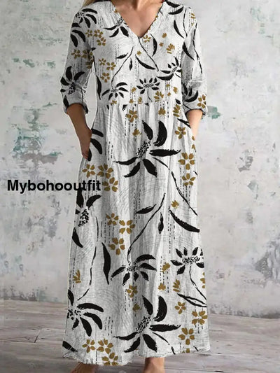 Women’s Fashion Elegant Artistic Floral Print Three Quarter Sleeves V Neck Maxi Dress A / S