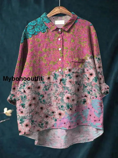 Women’s Fashion Elegant Artistic Floral Print V-Neck Button Pocket Long Sleeve Shirt Tops A / S