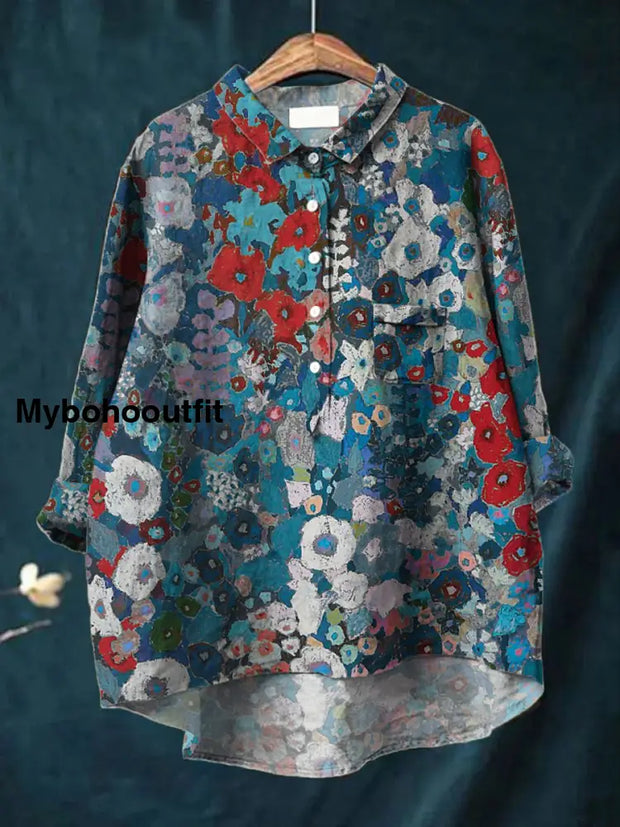 Women’s Fashion Elegant Artistic Floral Print V-Neck Button Pocket Long Sleeve Shirt Tops A / S