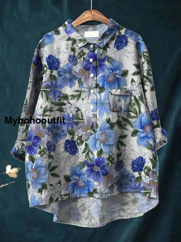 Women’s Fashion Elegant Artistic Floral Print V-Neck Button Pocket Long Sleeve Shirt Tops A / S