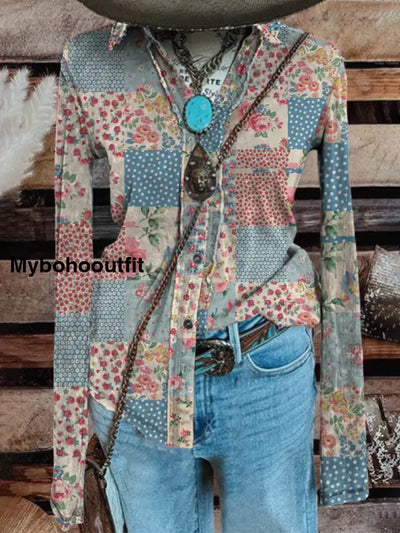 Women’s Fashion Elegant Artistic Floral Print V-Neck Long Sleeve Button Top A / S