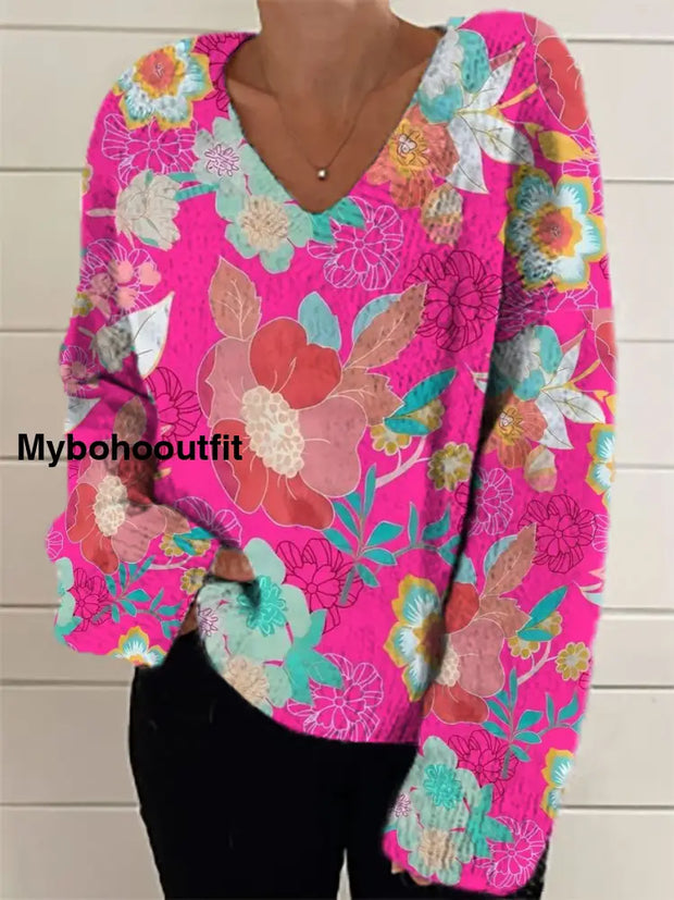 Women’s Fashion Elegant Artistic Floral Print V-Neck Long Sleeve Knitted Sweater A / S