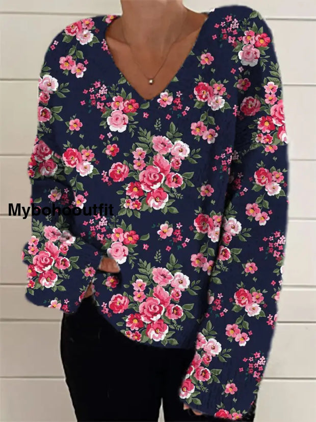 Women’s Fashion Elegant Artistic Floral Print V-Neck Long Sleeve Knitted Sweater A / S