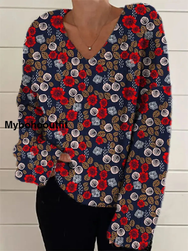 Women’s Fashion Elegant Artistic Floral Print V-Neck Long Sleeve Knitted Sweater A / S