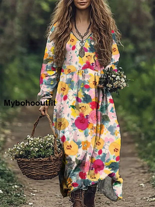 Women’s Fashion Elegant Artistic Floral Print V-Neck Long Sleeve Loose Maxi Dress A / S