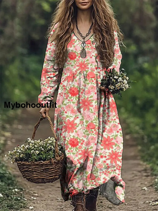 Women’s Fashion Elegant Artistic Floral Print V-Neck Long Sleeve Loose Maxi Dress A / S