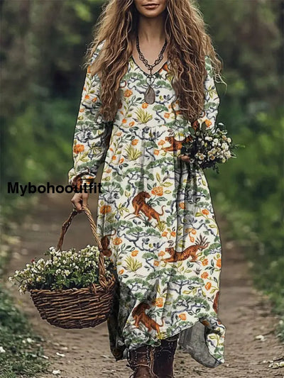 Women’s Fashion Elegant Artistic Floral Print V-Neck Long Sleeve Loose Maxi Dress A / S