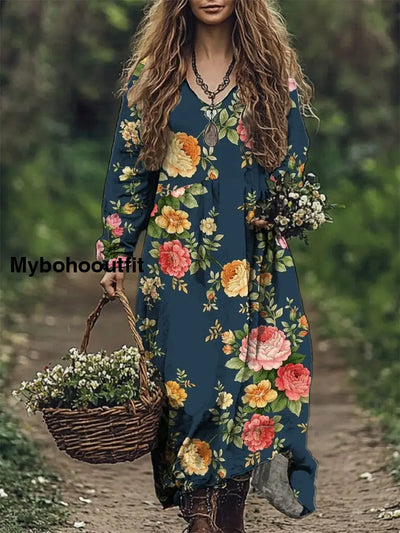 Women’s Fashion Elegant Artistic Floral Print V-Neck Long Sleeve Loose Maxi Dress A / S