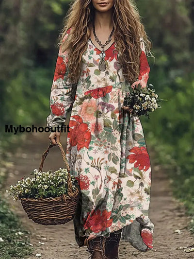 Women’s Fashion Elegant Artistic Floral Print V-Neck Long Sleeve Loose Maxi Dress A / S