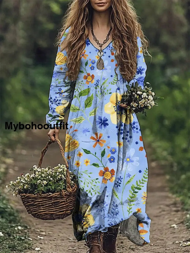 Women’s Fashion Elegant Artistic Floral Print V-Neck Long Sleeve Loose Maxi Dress A / S