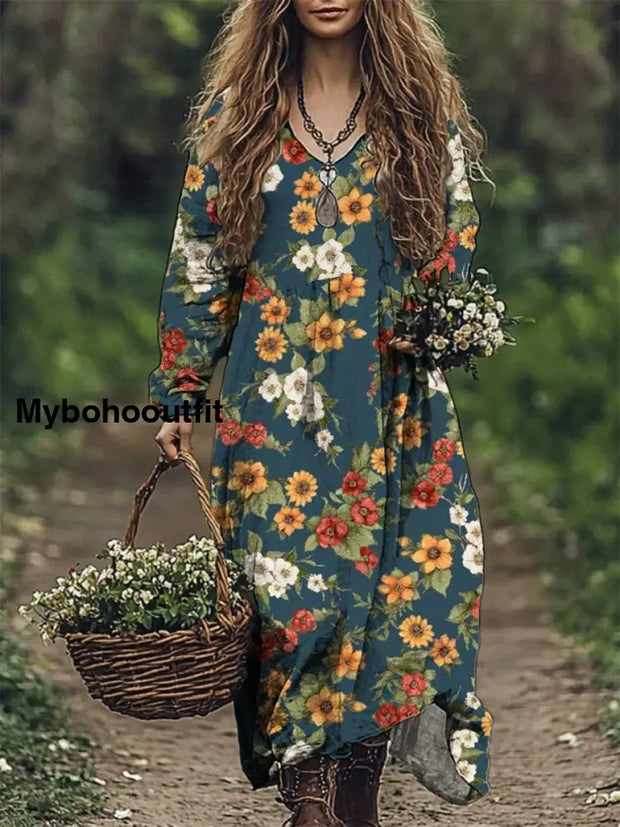 Women’s Fashion Elegant Artistic Floral Print V-Neck Long Sleeve Loose Maxi Dress A / S