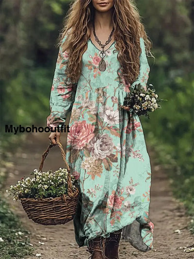 Women’s Fashion Elegant Artistic Floral Print V-Neck Long Sleeve Loose Maxi Dress A / S