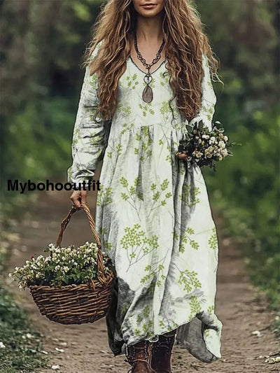 Women’s Fashion Elegant Artistic Floral Print V-Neck Long Sleeve Loose Maxi Dress A / S