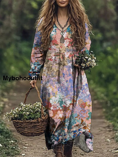 Women’s Fashion Elegant Artistic Floral Print V-Neck Long Sleeve Maxi Dress A / S