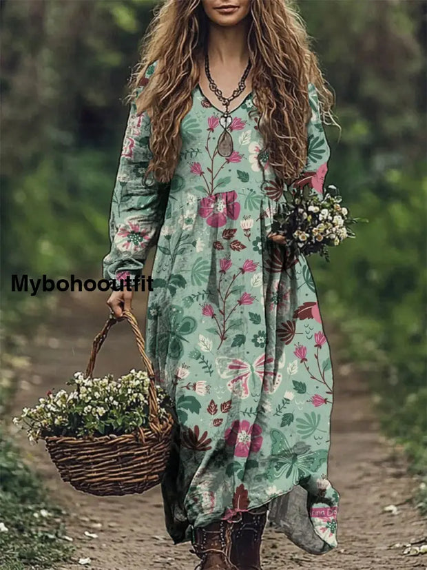 Women’s Fashion Elegant Artistic Floral Print V-Neck Long Sleeve Maxi Dress A / S