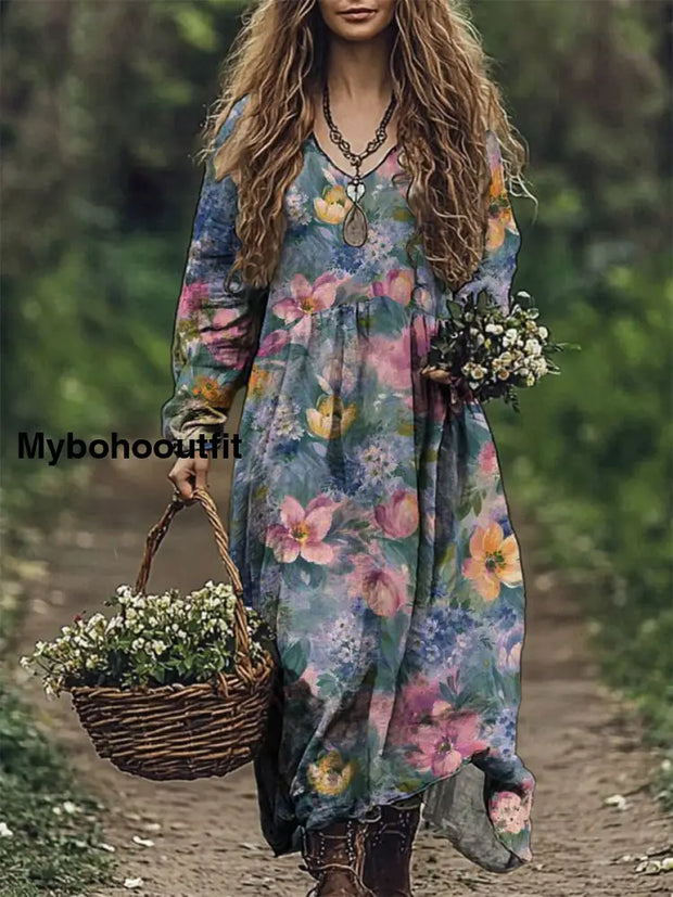 Women’s Fashion Elegant Artistic Floral Print V-Neck Long Sleeve Maxi Dress A / S