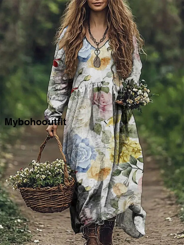 Women’s Fashion Elegant Artistic Floral Print V-Neck Long Sleeve Maxi Dress A / S