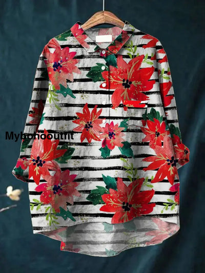 Women’s Fashion Elegant Artistic Floral Print V-Neck Pocket Long Sleeve Button Shirt Tops A / S