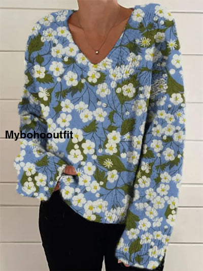 Women’s Fashion Elegant Artistic Floral Print V-Neck Sweater A / S