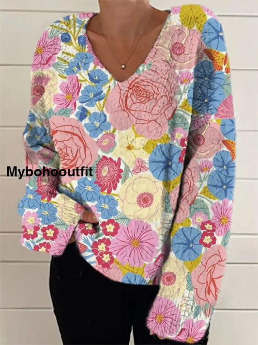 Women’s Fashion Elegant Artistic Floral Print V-Neck Sweater A / S