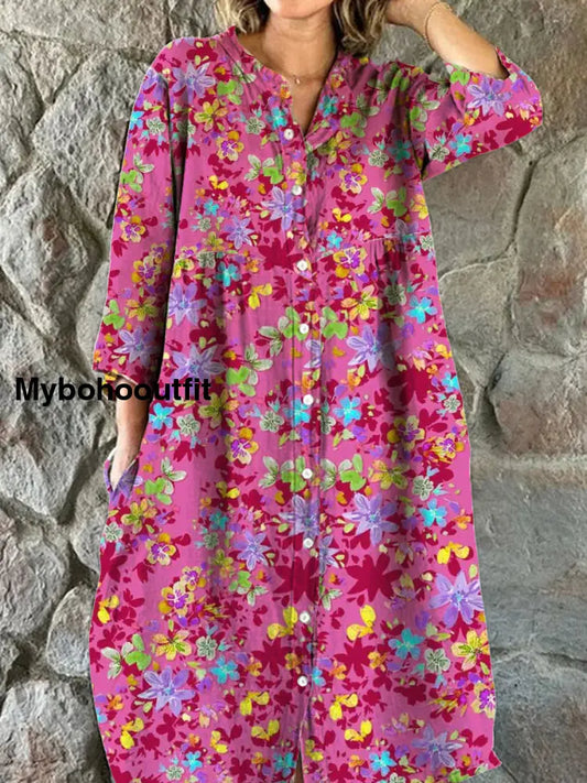 Women’s Fashion Elegant Artistic Floral Print V-Neck Three Quarter Sleeve Button Midi Dress