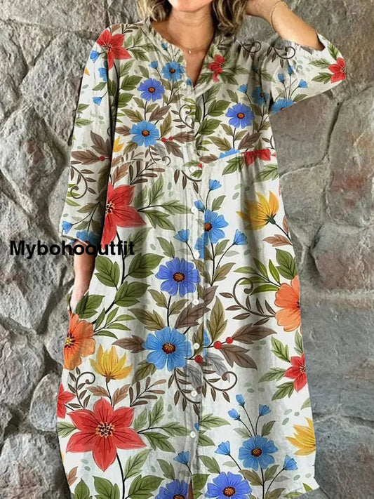 Women’s Fashion Elegant Artistic Floral Print V-Neck Three Quarter Sleeve Button Midi Dress A / S