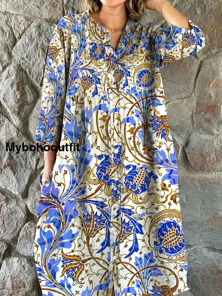 Women’s Fashion Elegant Artistic Floral Print V-Neck Three Quarter Sleeve Button Midi Dress A / S