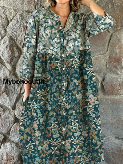 Women’s Fashion Elegant Artistic Floral Print V-Neck Three Quarter Sleeve Button Midi Dress A / S