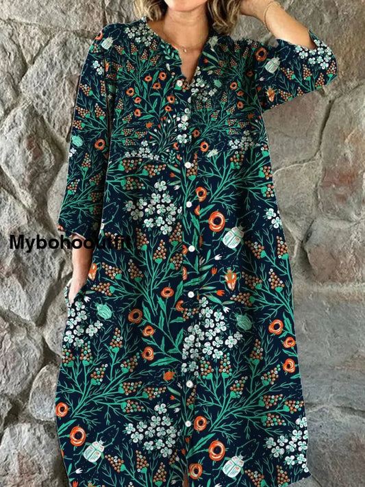 Women’s Fashion Elegant Artistic Floral Print V-Neck Three Quarter Sleeve Button Midi Dress A / S