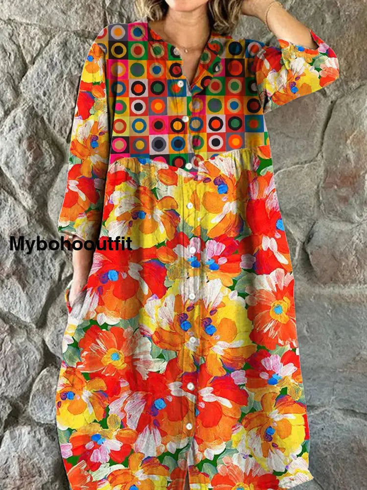 Women’s Fashion Elegant Artistic Floral Print V-Neck Three Quarter Sleeve Button Midi Dress A / S