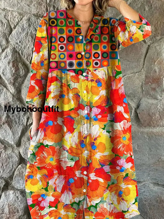 Women’s Fashion Elegant Artistic Floral Print V-Neck Three Quarter Sleeve Button Midi Dress A / S