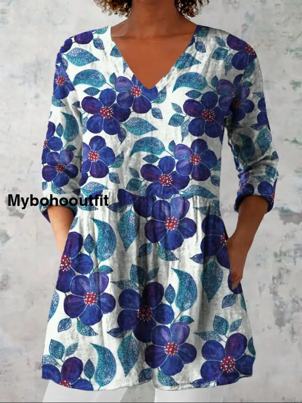 Women’s Fashion Elegant Artistic Floral Print V-Neck Three Quarter Sleeve Top A / S