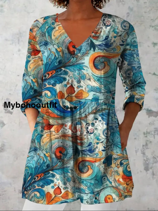 Women’s Fashion Elegant Artistic Floral Print V-Neck Three Quarter Sleeve Top A / S