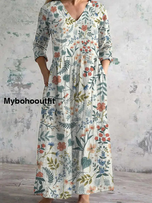 Women’s Fashion Elegant Artistic Floral Print V-Neck Three Quarter Sleeves Long Dress A / S