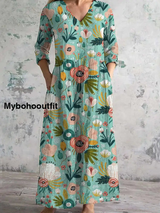 Women’s Fashion Elegant Artistic Floral Print V-Neck Three Quarter Sleeves Maxi Dress A / S