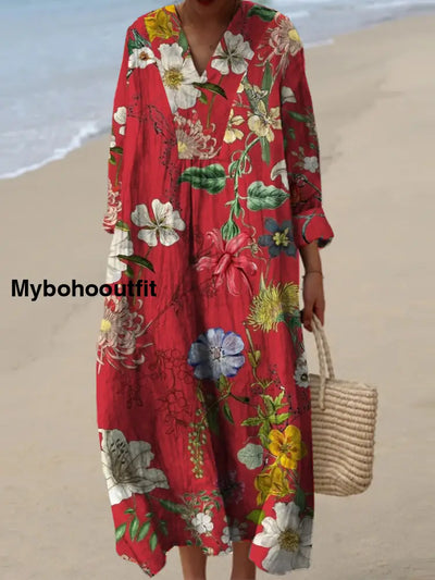 Women’s Fashion Elegant Artistic Floral Print V-Neck Three Quarter Sleeves Maxi Dress A / S