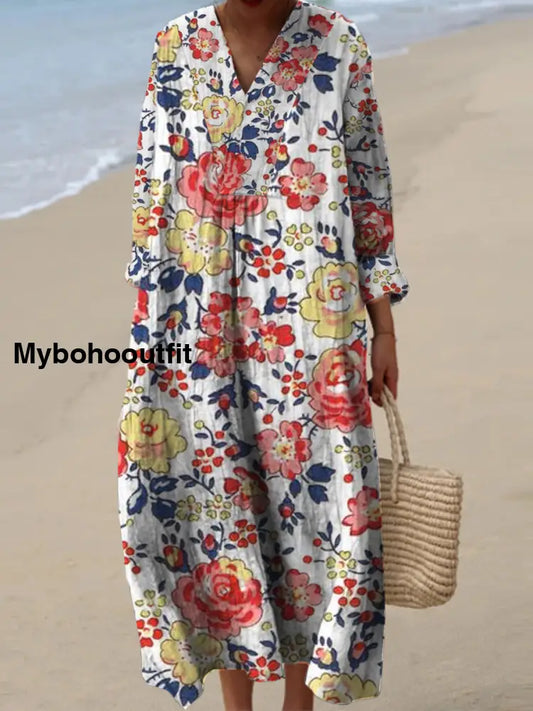 Women’s Fashion Elegant Artistic Floral Print V-Neck Three Quarter Sleeves Maxi Dress A / S