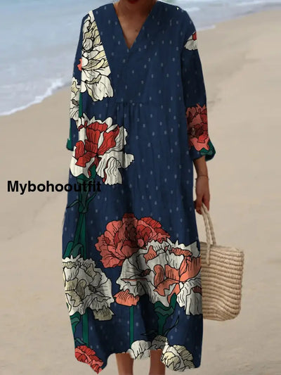 Women’s Fashion Elegant Artistic Floral Print V-Neck Three Quarter Sleeves Maxi Dress A / S