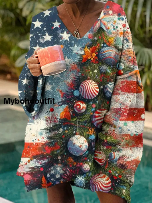 Women’s Fashion Elegant Christmas Art Animal Print V-Neck Long Sleeve Sweater A / S