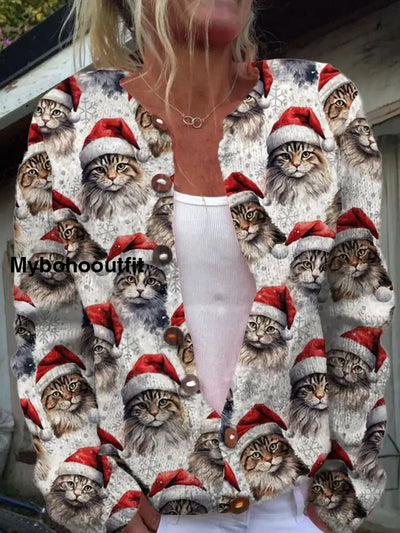 Women’s Fashion Elegant Christmas Art Cat Print V-Neck Long Sleeve Button Knitted Cardigan