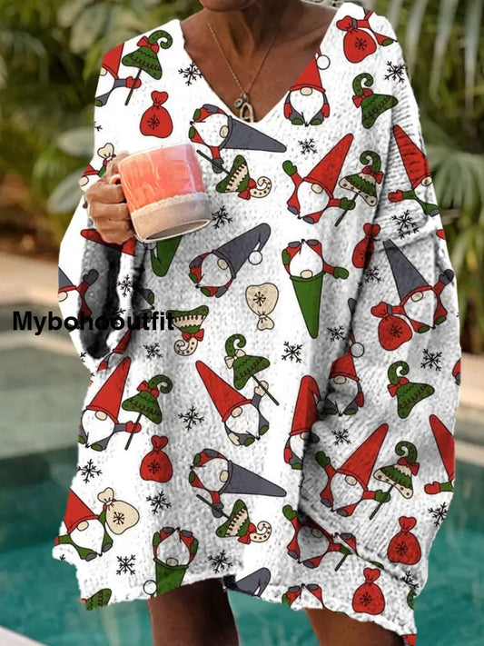 Women’s Fashion Elegant Christmas Art Print V-Neck Long Sleeve Sweater Top A / S